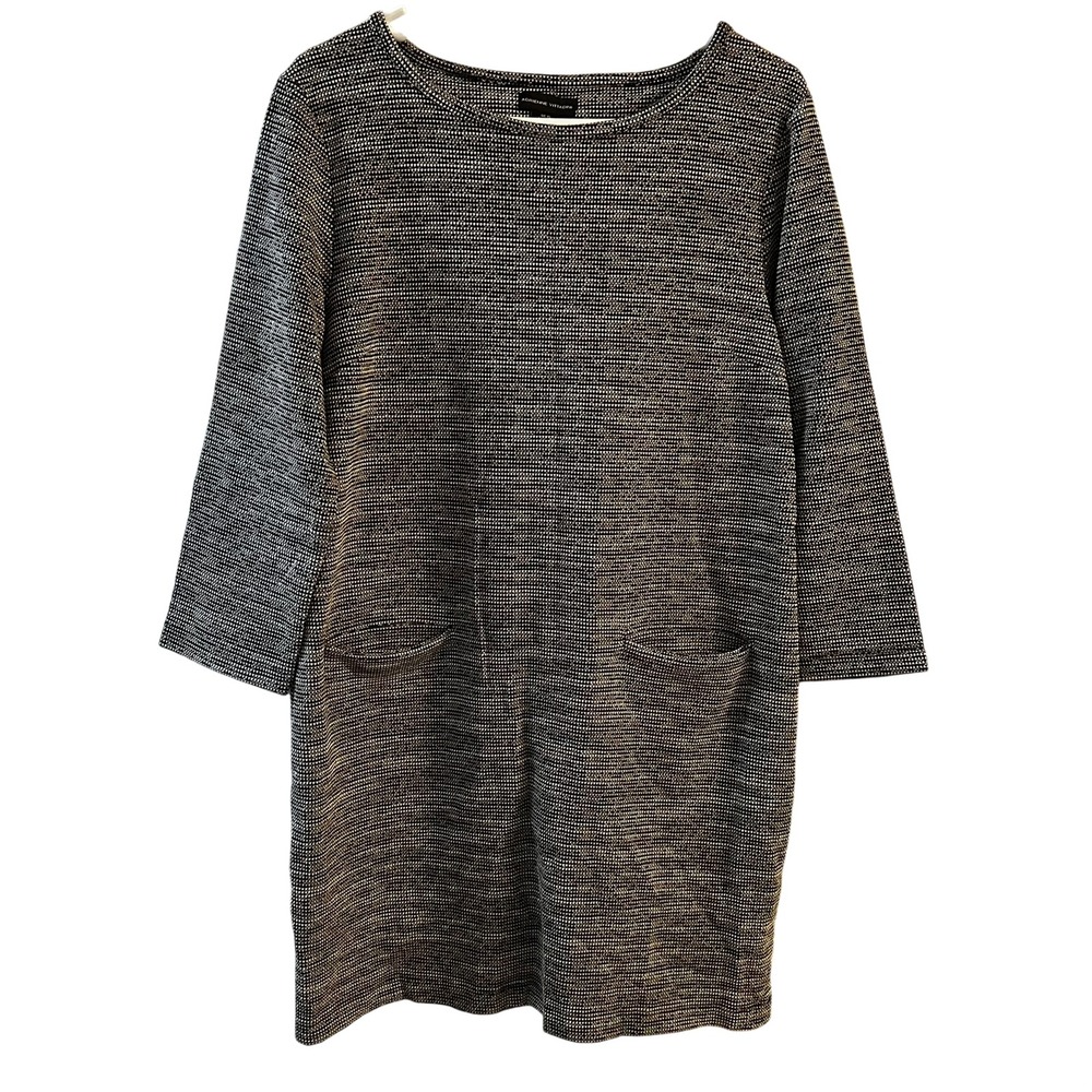 Adrienne Vittadini Black White Textured Knit Shift Dress 3/4 Sleeve Pockets XL